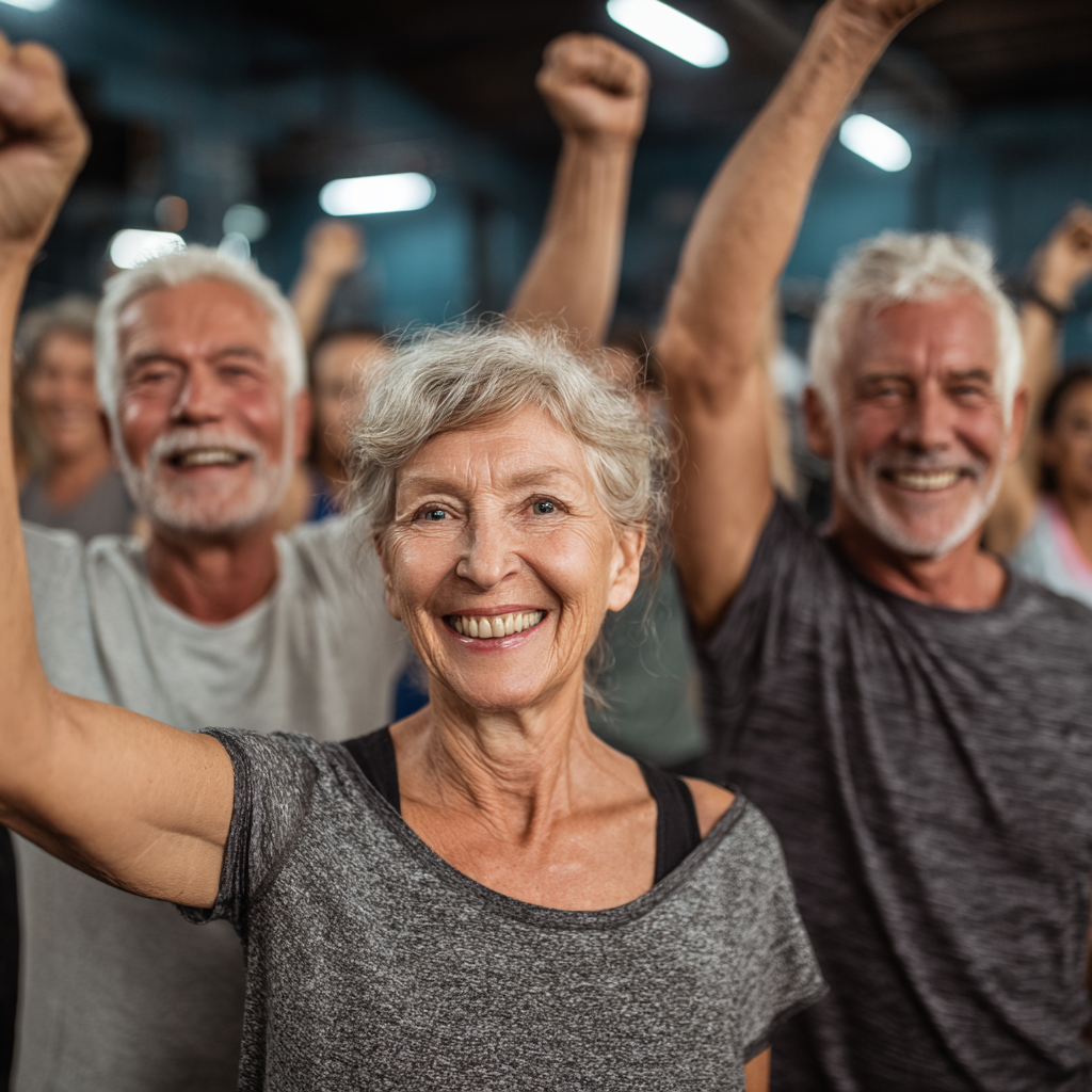 group of middle-aged adults celebrating fitness achievement together