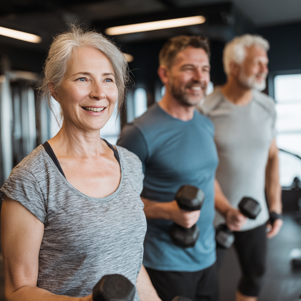 mature adults exercising with personal trainer in modern gym