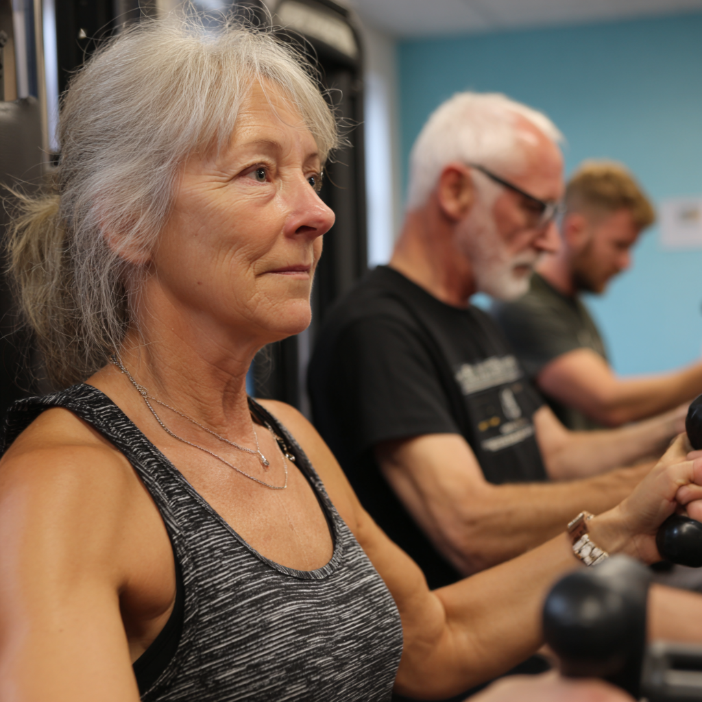 professional fitness trainers working with mature adults